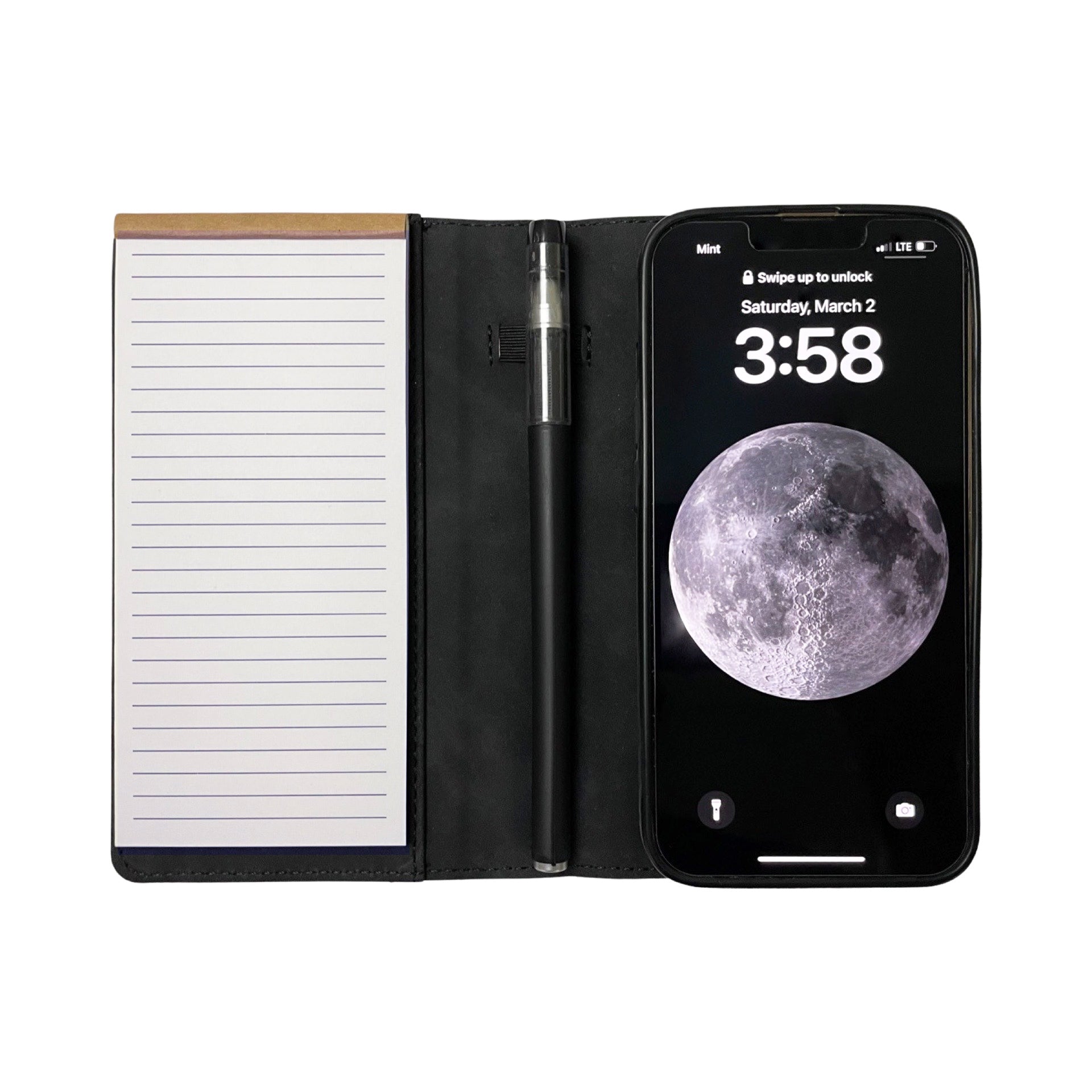 Notepad Phone Case for iPhone Folding Wallet Phone Case with Mini Pen and Note Pad Black