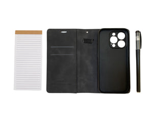 Notepad Phone Case for iPhone - Folding Wallet Phone Case with Mini Pen and Note Pad (Black)